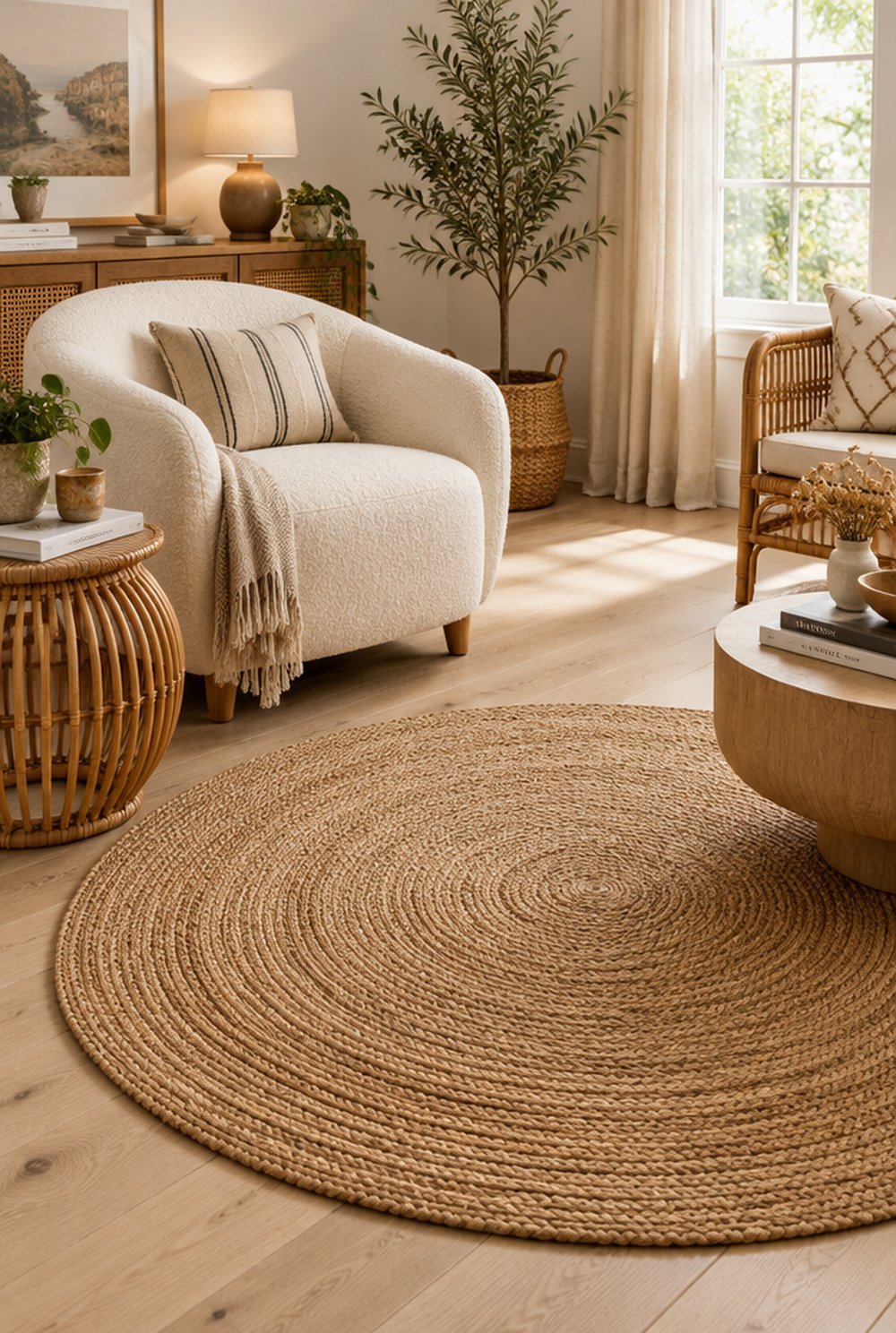 Runder Jute-Teppich in einem Boho-Wohnzimmer